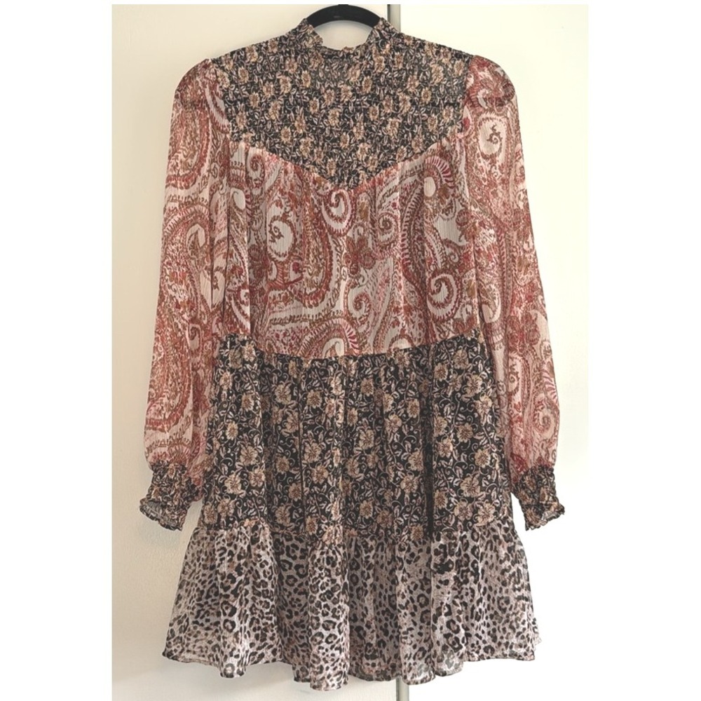 ZARA Mixed Print High Neck Tiered Mini Dress Long Sleeve Boho Leopard Paisley